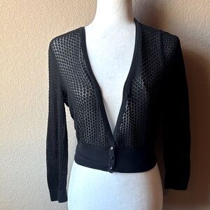 Loft black loose knit/ crochet crop cardigan sweater, size small